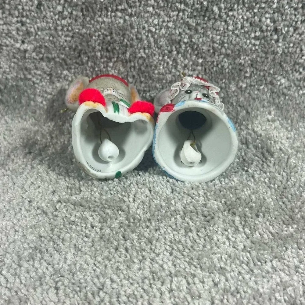 Jasco Christmas Mouse Bell Figurine Set Red Blue Green Vintage Ceramic Ornament